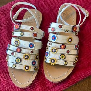 Tory Burch Strappy Sandal. Cream with accents on straps. Size 6 1/2.